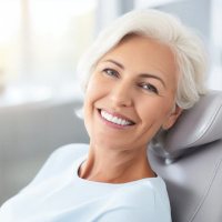 an older woman smiling after visiting her dentist