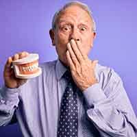 Older man in purple shirt and tie holding dentures while covering his mouth with one hand